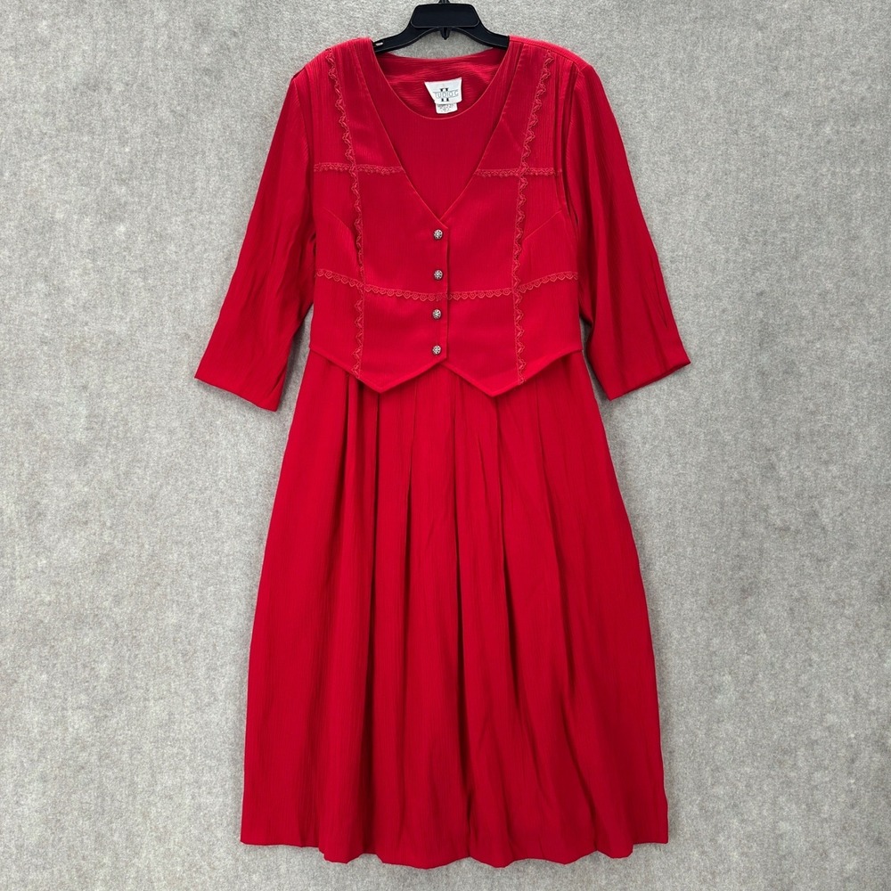 VTG Studio C‎ Red Button Front Vest Dress 20W Midi Pleated Tie Waist Modest